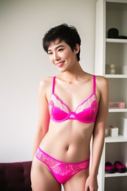 a woman in a pink bra and panties posing for the camera