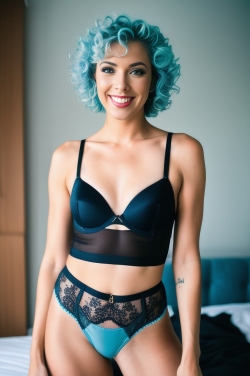 a woman with blue hair wearing a black bra and underwear