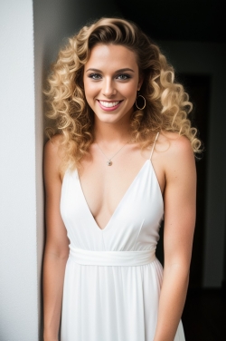 a beautiful young woman with curly hair in a white dress