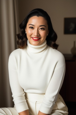 an asian woman wearing a white turtle neck sweater
