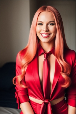 a woman with long red hair wearing a red suit