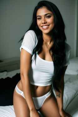 a beautiful woman in white underwear sitting on a bed