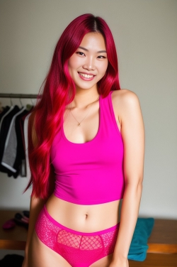 a woman with long red hair wearing a pink bra top