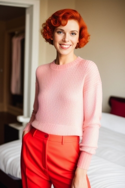 a woman with red hair wearing a pink sweater and red pants