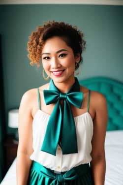 a woman with curly hair wearing a green bow tie