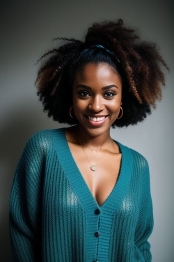 an african american woman with curly hair and a green sweater