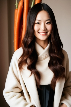 an asian woman with long wavy hair and a white coat