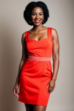 an african american woman in an orange dress