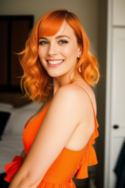 a woman with bright orange hair posing for the camera