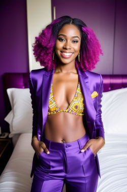 a woman with purple hair wearing a purple suit